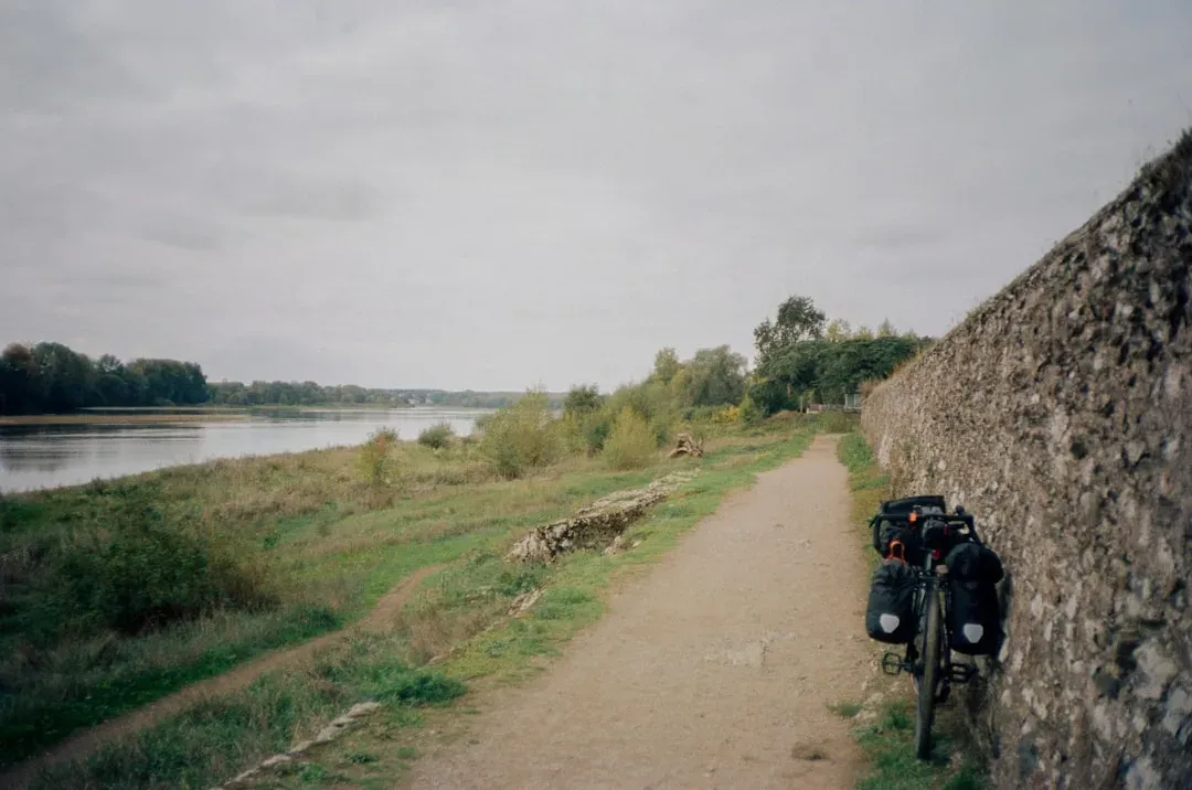cyclist riding along a scenic river path with trees and buildings
